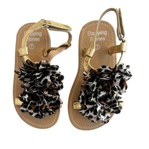 (NWOT) Animal Print Pom-Pom Design Gold & Tan Sandals Toddler Kids Size 7